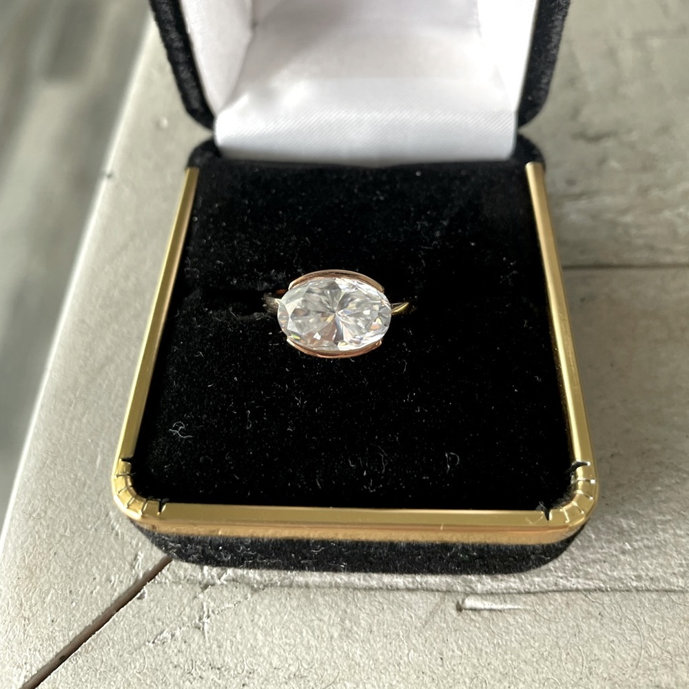 Moissanite Ring 3 carat oval set east/west in 14kt rose gold.